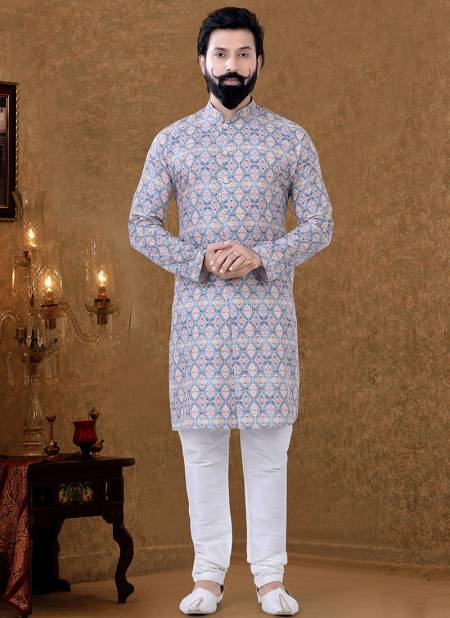 Blue Colour New Printed Ethnic Wear Cotton Mens Kurta Pajama Collection KS 1522